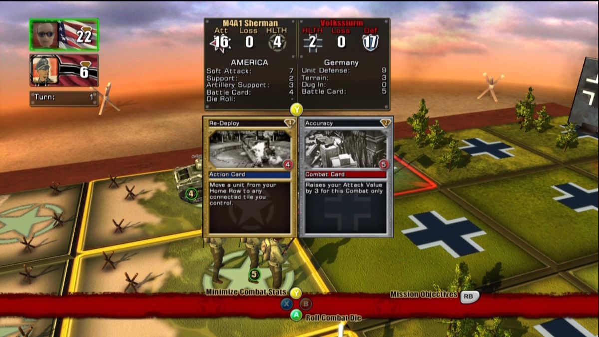 Panzer General: Allied Assault (Xbox 360) screenshot: My Battle Card increased my attack bonus by 4. The enemy's card his defense by 5.