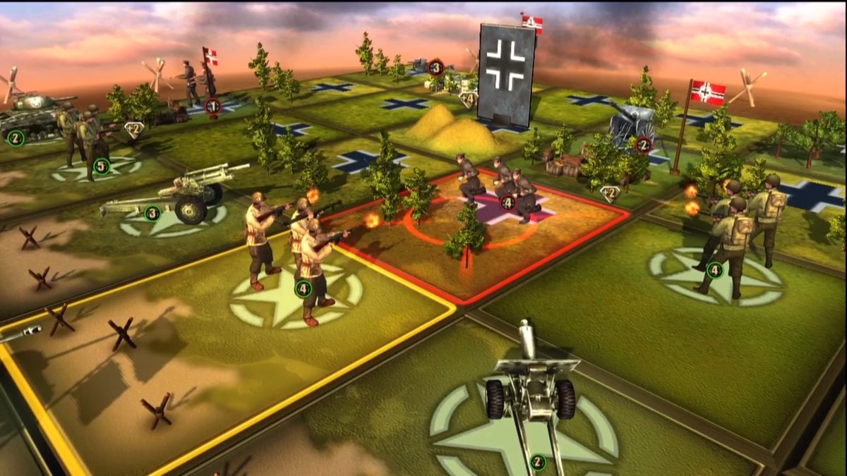 Panzer General: Allied Assault (Xbox 360) screenshot: Supported by two artillery stations and another infantry battalion these Germans are as good as dead.