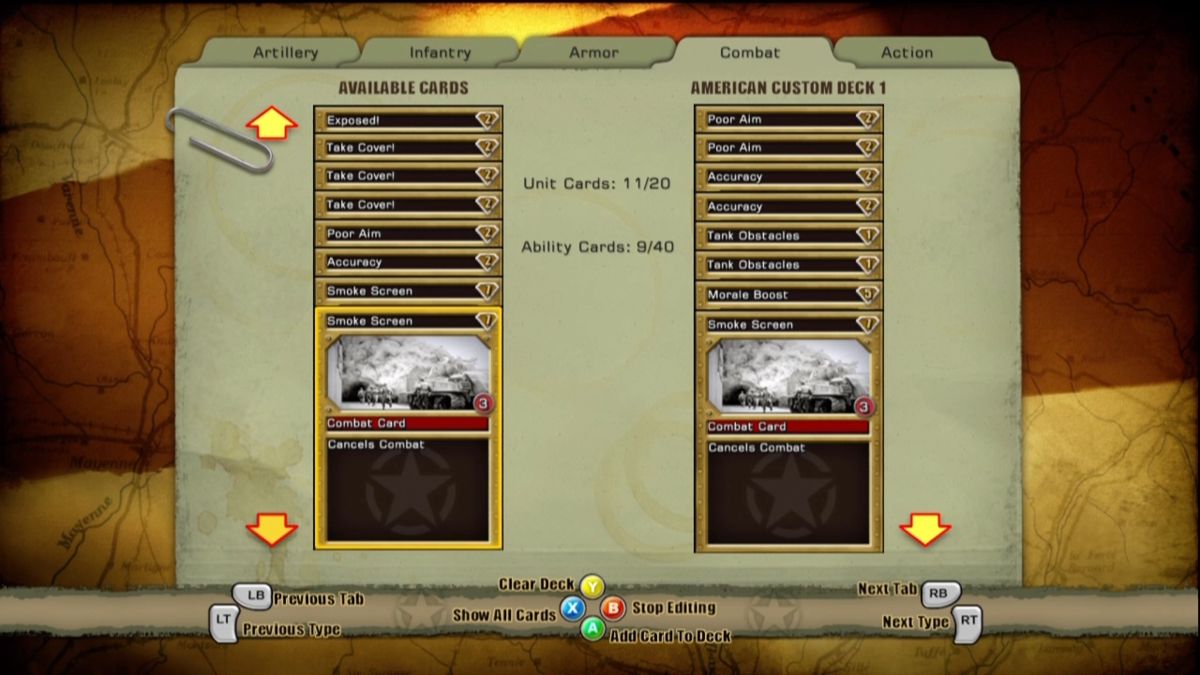 Panzer General: Allied Assault (Xbox 360) screenshot: Creating my own deck for multiplayer matches.