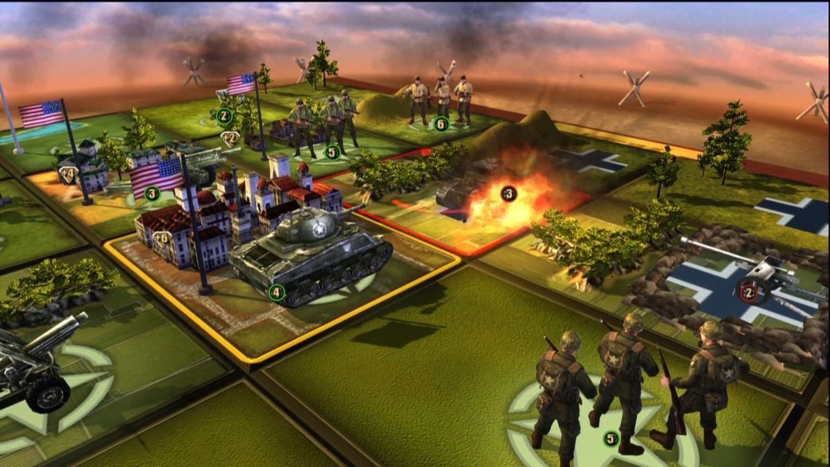 Panzer General: Allied Assault (Xbox 360) screenshot: Thanks to being in a city and surrounded by many friendly units, my Sherman kills off that German Tiger easily.
