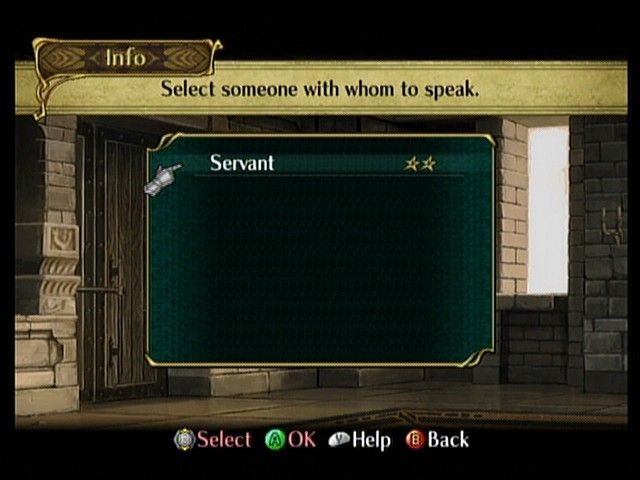 Fire Emblem: Path of Radiance (GameCube) screenshot: In Info, you can talk to various character, and gain valuable info.