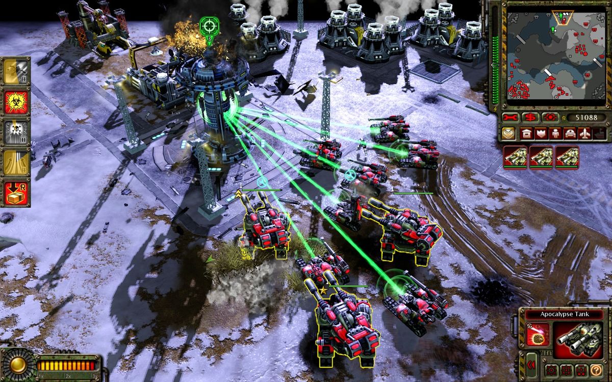 Command & Conquer: Red Alert 3 - Uprising (Windows) screenshot: Soviet tanks taking out the objective, a Futuretech facility.