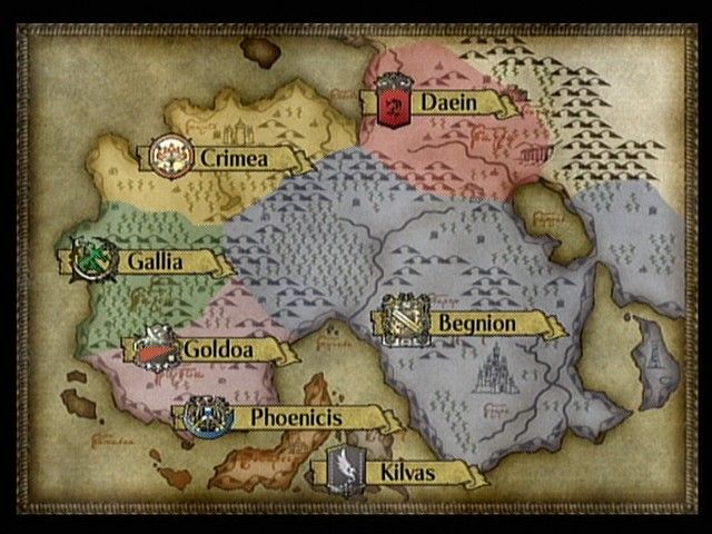 Fire Emblem: Path of Radiance (GameCube) screenshot: The Tellius continent, with the various Kingdoms.