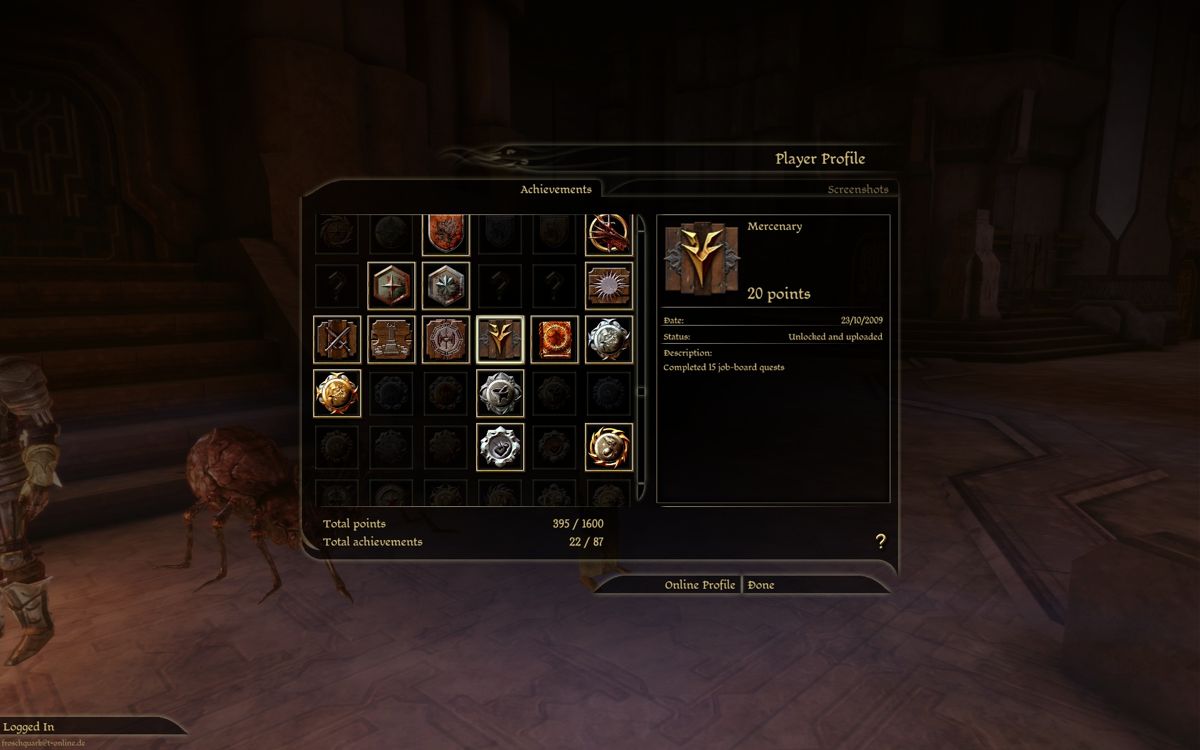 Dragon Age: Origins (Windows) screenshot: The list of achievements you can get - but not all in one playthrough