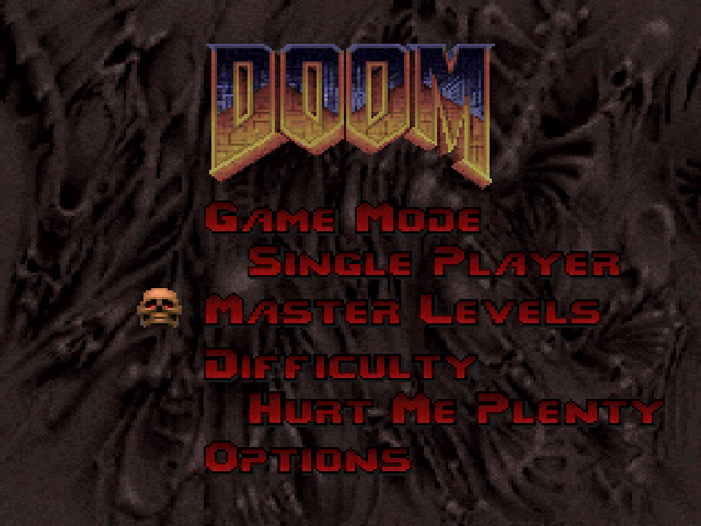 Final Doom (PlayStation) screenshot: Main menu. You can jump ahead or play all 30 levels as a campaign.