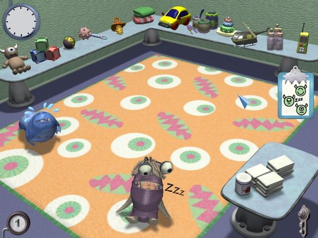 Disney•Pixar Monsters, Inc.: Scream Team Training (Windows) screenshot: The Day Care Center: give toys to the children to cheer them up or change their diapers if they look uncomfortable.