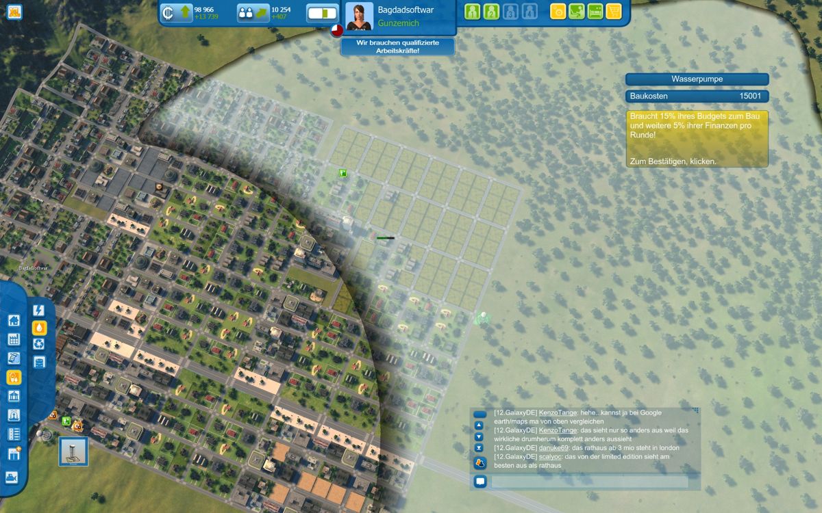 Cities XL (Windows) screenshot: The grey parts of the city don't have water access.