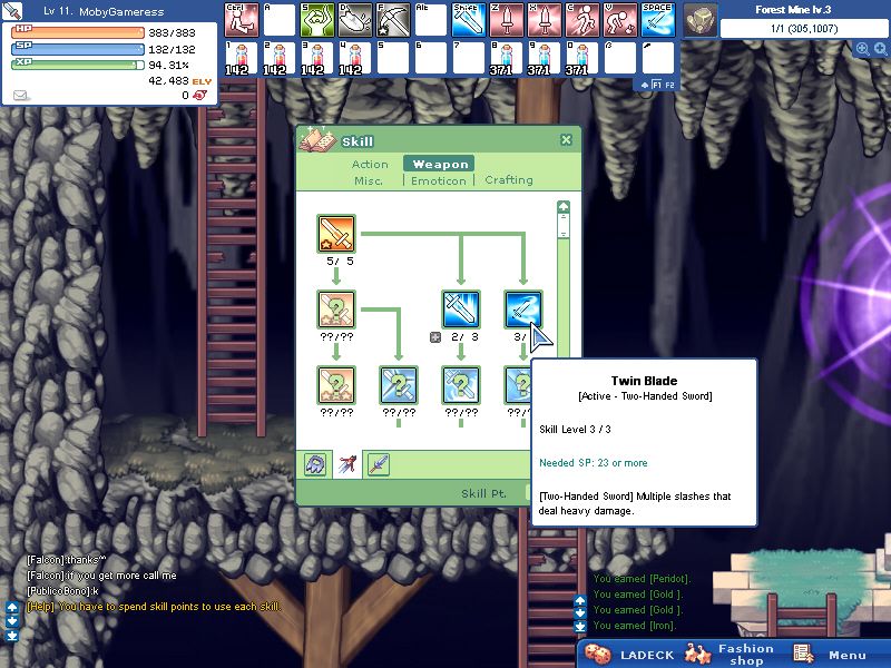 La Tale (Windows) screenshot: The skill tree. I chose the way of the two-hander and have maxed out my Twin Blade technique.