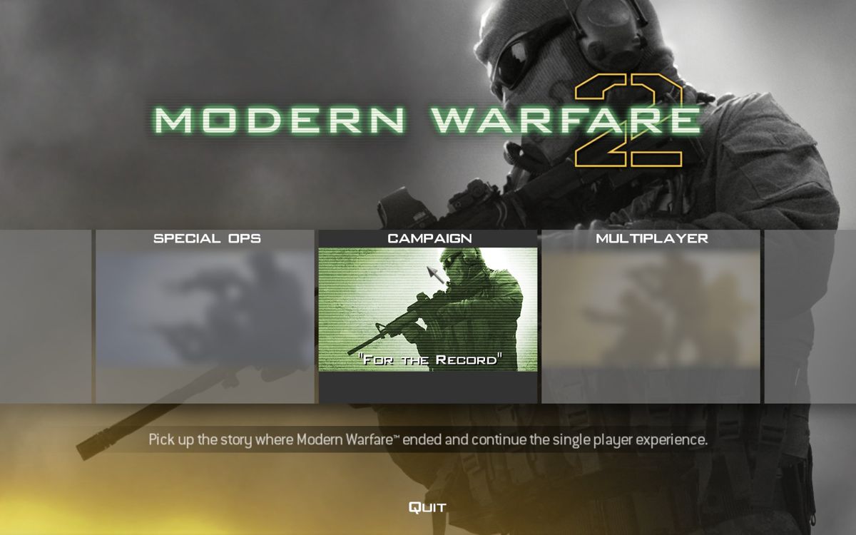 Call of Duty: Modern Warfare 2 (Windows) screenshot: Main menu (consists of Special Ops, Campaign and Multiplayer).