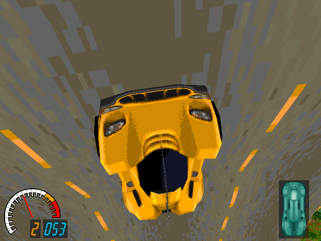 Carmageddon (DOS) screenshot: Upside down? Who cares!