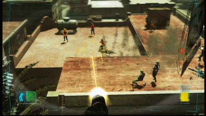 Tom Clancy's Ghost Recon: Advanced Warfighter (Xbox 360) screenshot: Shooting from a helicopter is much deadlier, but that much harder to aim as well.
