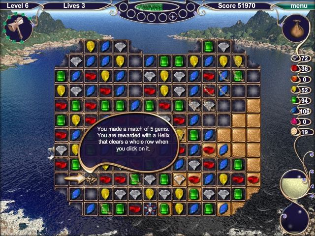 Jewel Match 2 (Browser) screenshot: Another new game play element. The Helix gem will shoot left and right when activated.