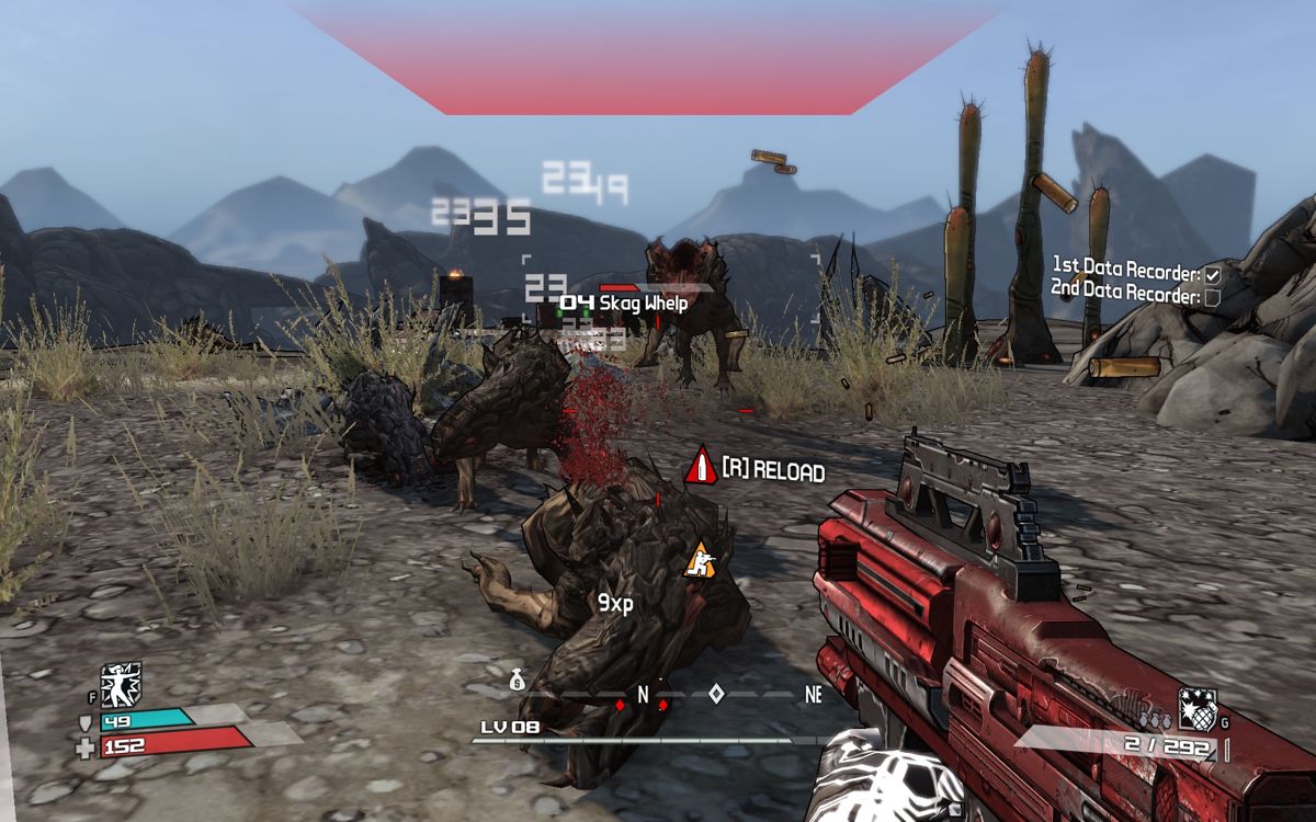 Borderlands (Windows) screenshot: Killing skags by the dozen.