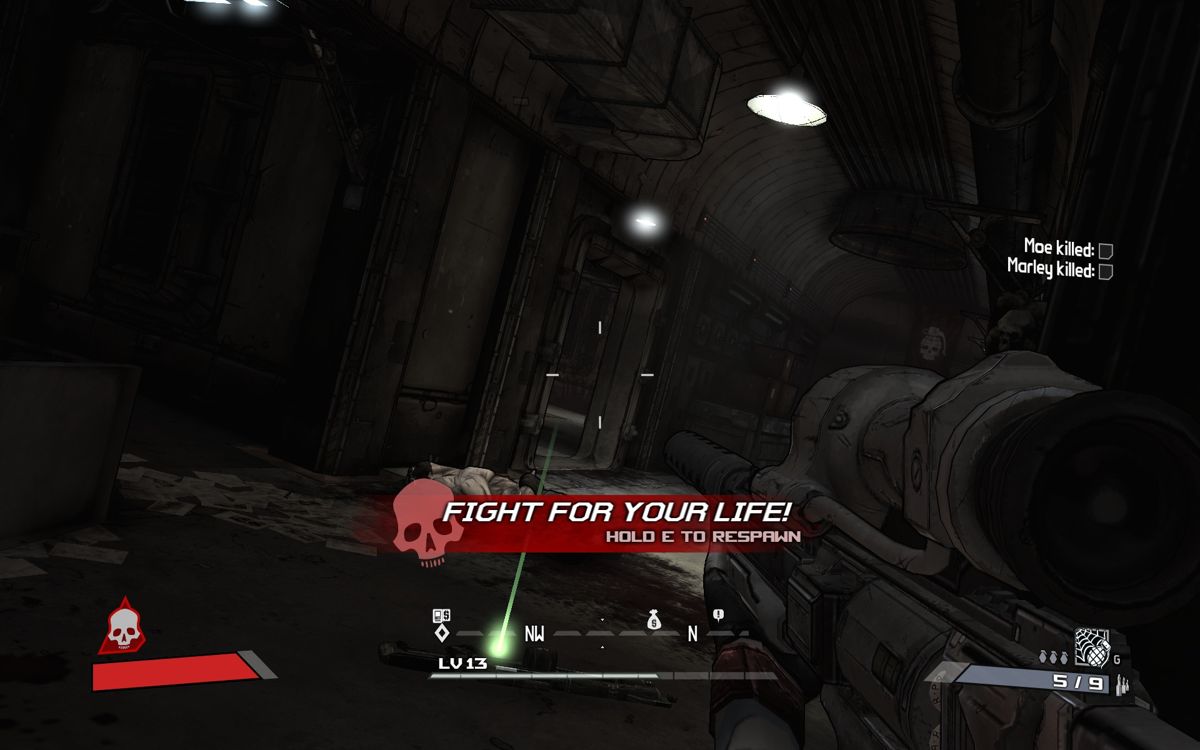 Borderlands (Windows) screenshot: Once your health-points reach zero, you have to kill an enemy fast in order to survive.