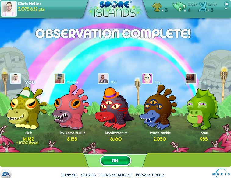 Spore Island (Browser) screenshot: The observation is complete!