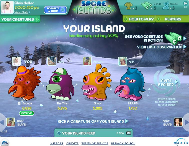 Spore Island (Browser) screenshot: Have up to five creatures on your island.