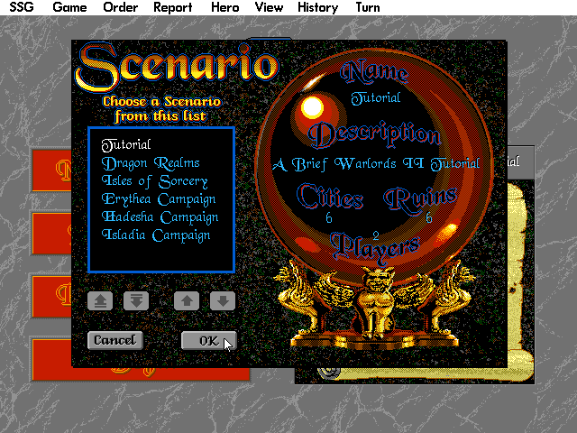 Warlords II (DOS) screenshot: Choosing a scenario, note the tutorial.