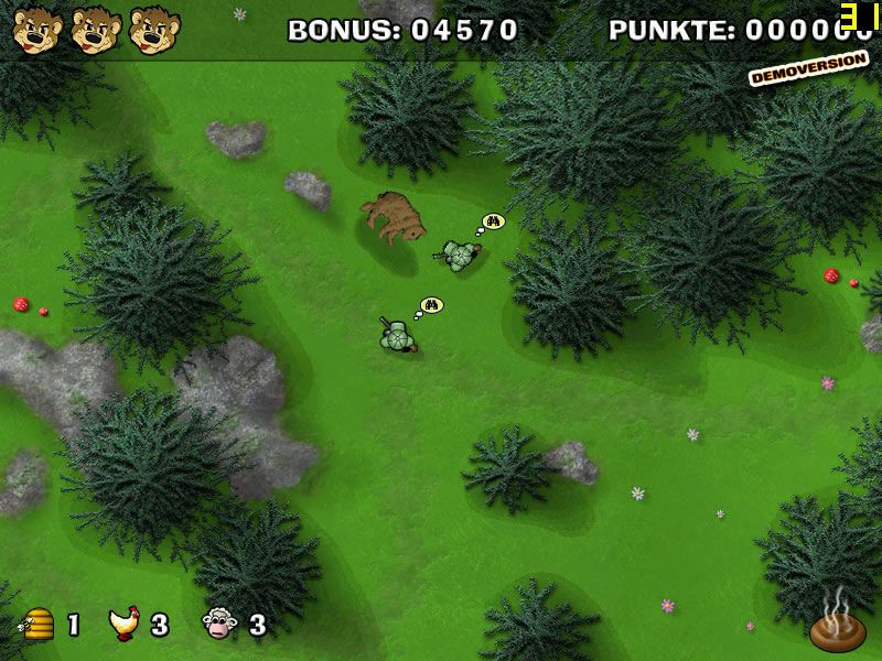 Bruno: Das Spiel (Windows) screenshot: The hunters want to shoot Bruno (demo version)