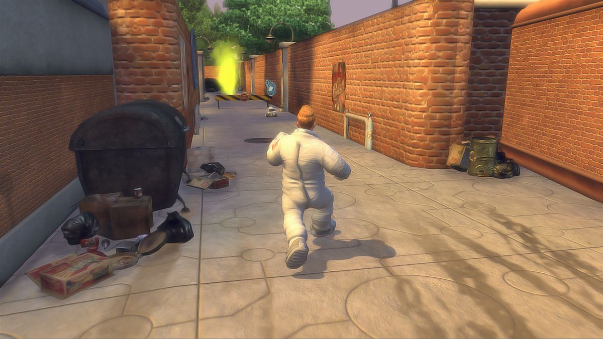 Planet 51: The Game (Xbox 360) screenshot: Chuck following R.O.V.E.R. through the back alley.