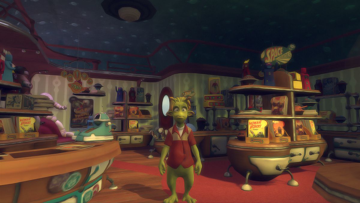 Planet 51: The Game (Xbox 360) screenshot: Inside Skiff's comic book store