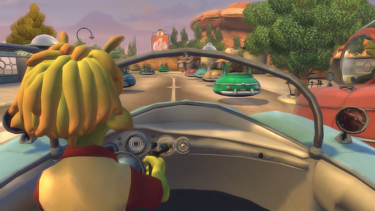 Planet 51: The Game (Xbox 360) screenshot: Driving through the city with the close camera