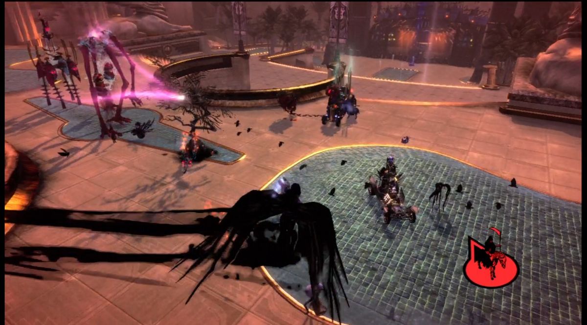 Brütal Legend (Xbox 360) screenshot: Flying over the battlefield, commanding my troops.