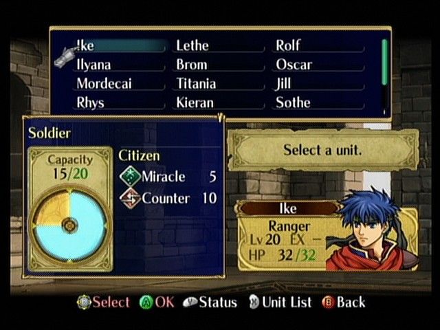 Fire Emblem: Path of Radiance (GameCube) screenshot: Managing Skills.