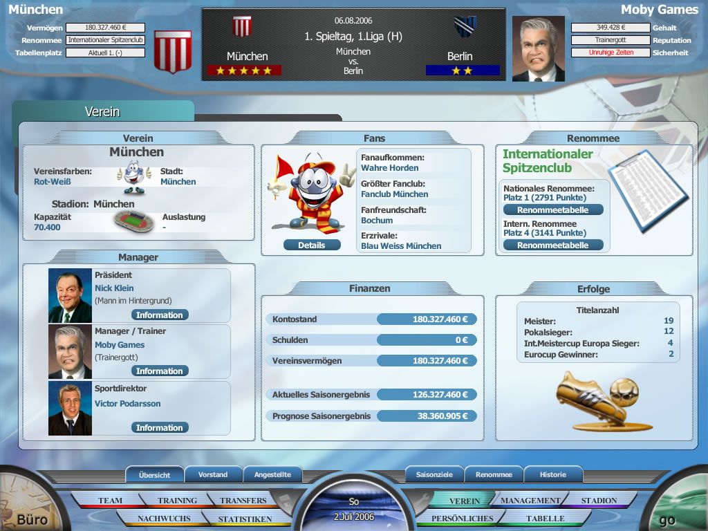 Anstoss 2007: Der Fußballmanager (Windows) screenshot: Club overview (demo version)