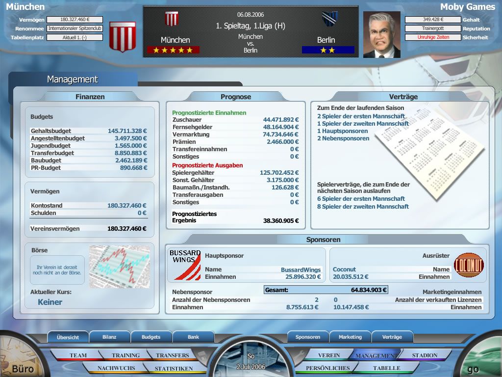 Anstoss 2007: Der Fußballmanager (Windows) screenshot: Financial overview (demo version)