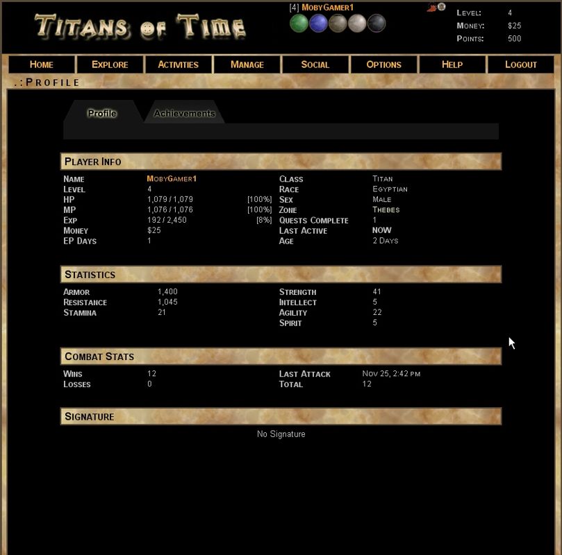 Titans of Time (Browser) screenshot: My profile will see better days, I promise.