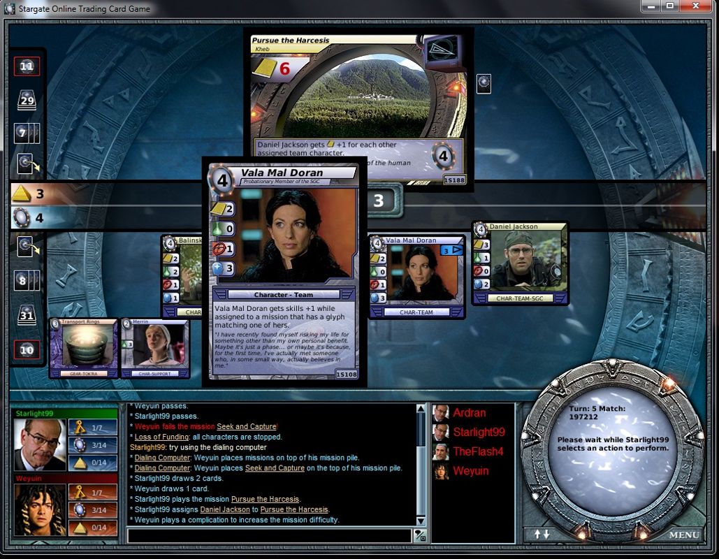 Stargate Online Trading Card Game (Windows) screenshot: Cards can be clicked to be examined in detail.
