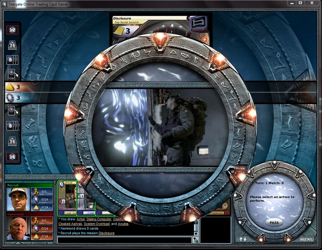 Stargate Online Trading Card Game (Windows) screenshot: Video clips from the show kick off new matches.