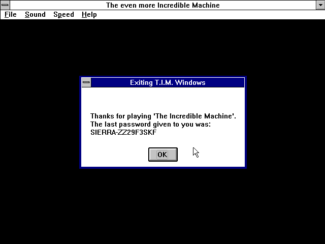 The Even More! Incredible Machine (Windows 3.x) screenshot: On quit, you're reminded of the password to the current level, in case you forget.