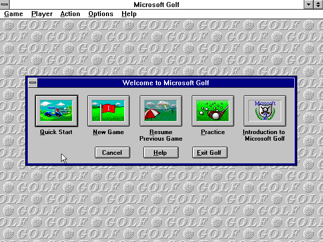 Microsoft Golf 2.0 (Windows 3.x) screenshot: Main menu