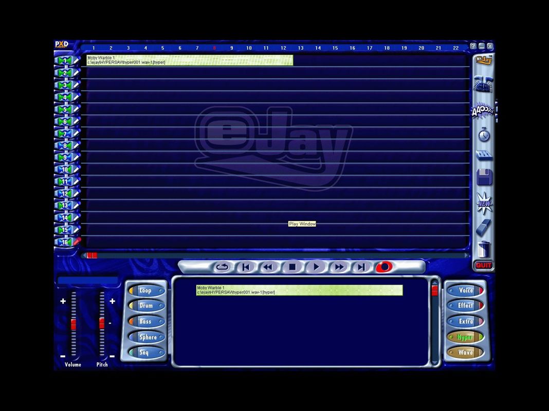 Dance eJay 2: Techno Edition (Windows) screenshot: The "Main Room" screen. This screen shows the new sample 'Moby Warble', created via the Hyper generator. It has been selected througn the bottom of screen menu and placed in track one