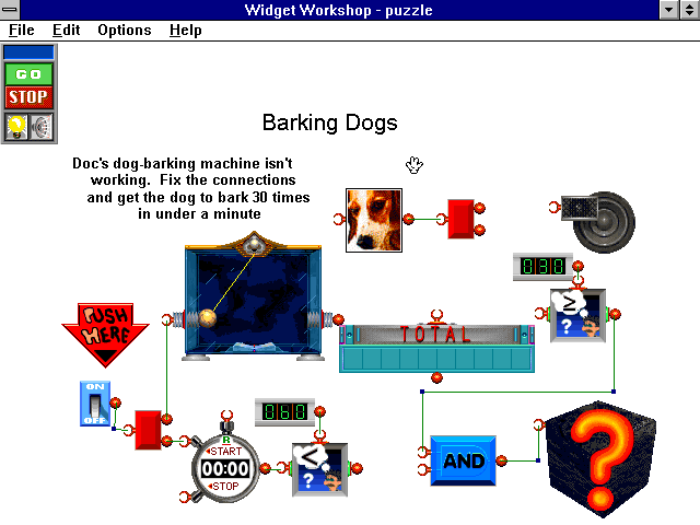 Widget Workshop: The Mad Scientist's Laboratory (Windows 3.x) screenshot: Getting the dog to bark.