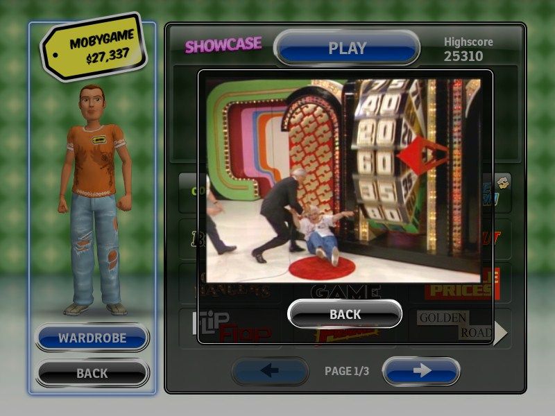 The Price is Right: 2010 Edition (Windows) screenshot: Some rewards are video clips from the show, such as this compilation of people spinning the wheel and falling on their ass.