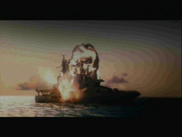 Tom Clancy's Ghost Recon 2: 2007 - First Contact (GameCube) screenshot: Seems like US ship was hit by an unknown missile.