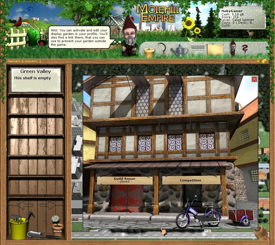 Molehill Empire (Browser) screenshot: The Gardener's Society: the guild house will open upon reching level six.