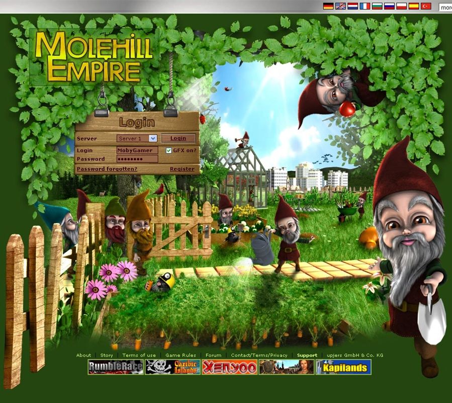 Molehill Empire (Browser) screenshot: The login screen nicely sets the green and calm mood of this game.