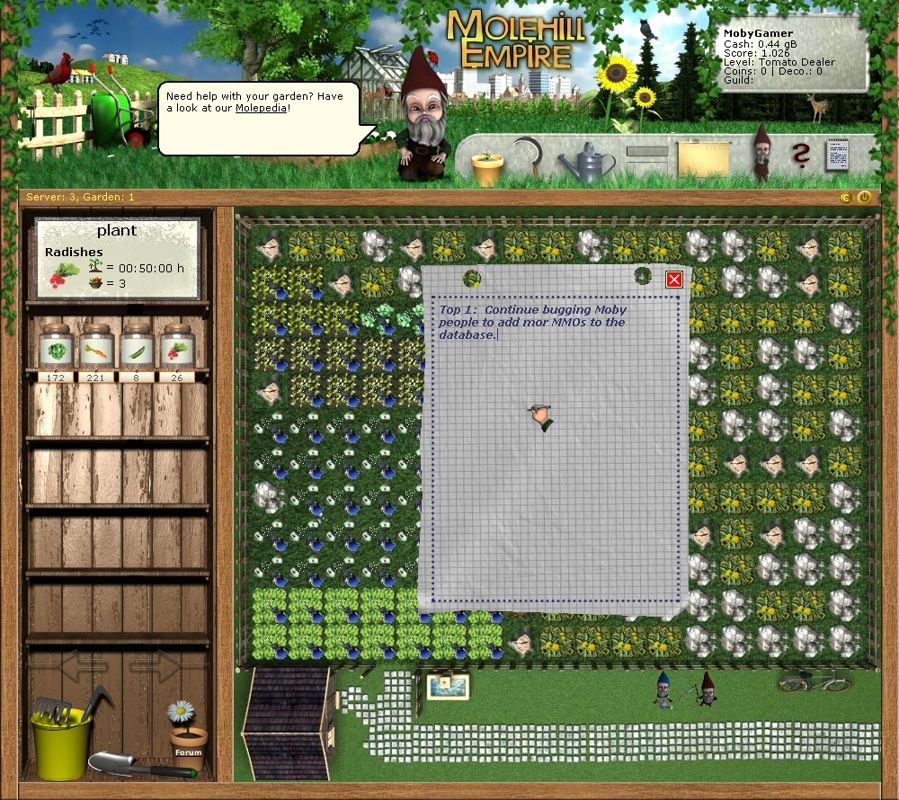 Molehill Empire (Browser) screenshot: At level three you are granted a notepad where you can record strange messages for future use.