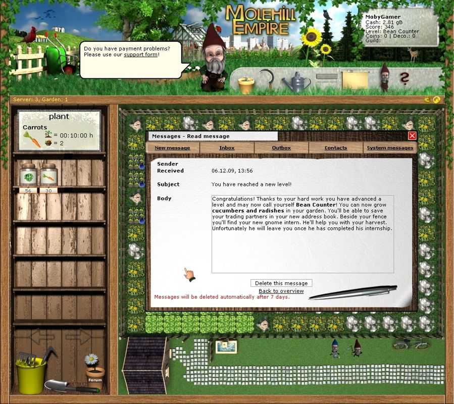 Molehill Empire (Browser) screenshot: Yippieh - level-up !! I am now officially a Bean Counter.
