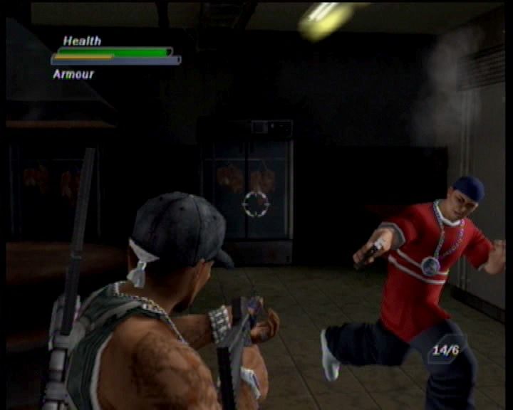 50 Cent: Bulletproof (Xbox) screenshot: Guns can be tricky to use for close combat.