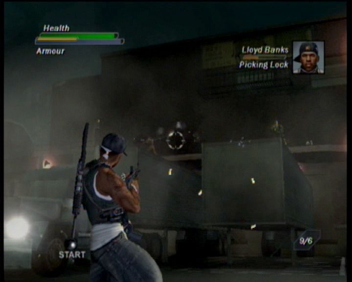 50 Cent: Bulletproof (Xbox) screenshot: Taking out the soldiers on the trucks