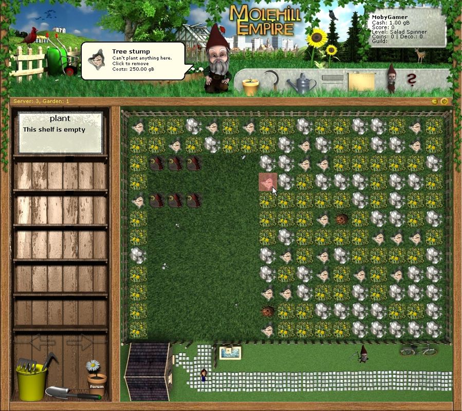 Molehill Empire (Browser) screenshot: Only a small fraction of my huge garden is free to cultivate plants in the beginning.