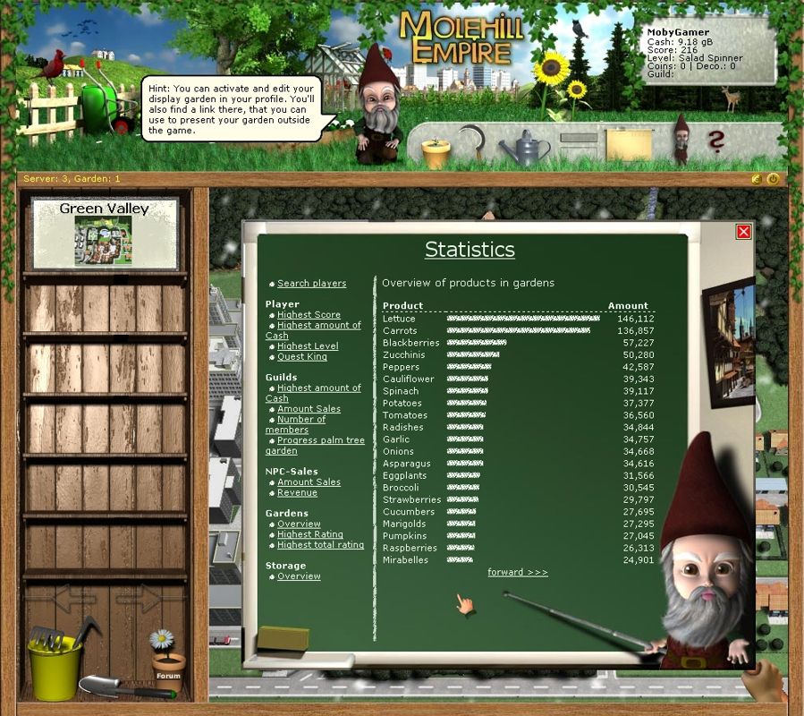 Molehill Empire (Browser) screenshot: Interesting fact, cucumbers are available to second-level players already, but come in only 17th in this statistic.