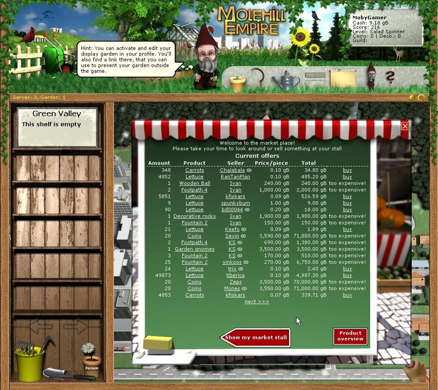 Molehill Empire (Browser) screenshot: The market: Someone produced nearly 50K units of lettuce, a starter plant that's easy to grow. What goes on in such people's minds?