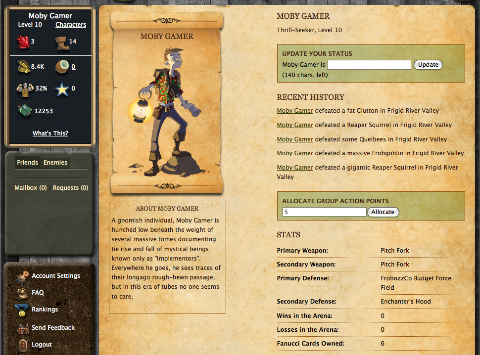 Legends of Zork (Browser) screenshot: Beefing up as I pass 10th level...