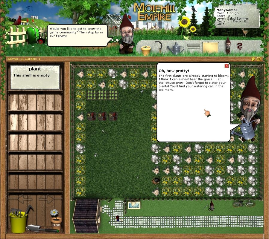 Molehill Empire (Browser) screenshot: In the beginning the game offers some pop-up help.