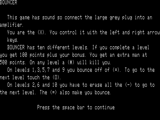 Bouncer (TRS-80) screenshot: Instructions